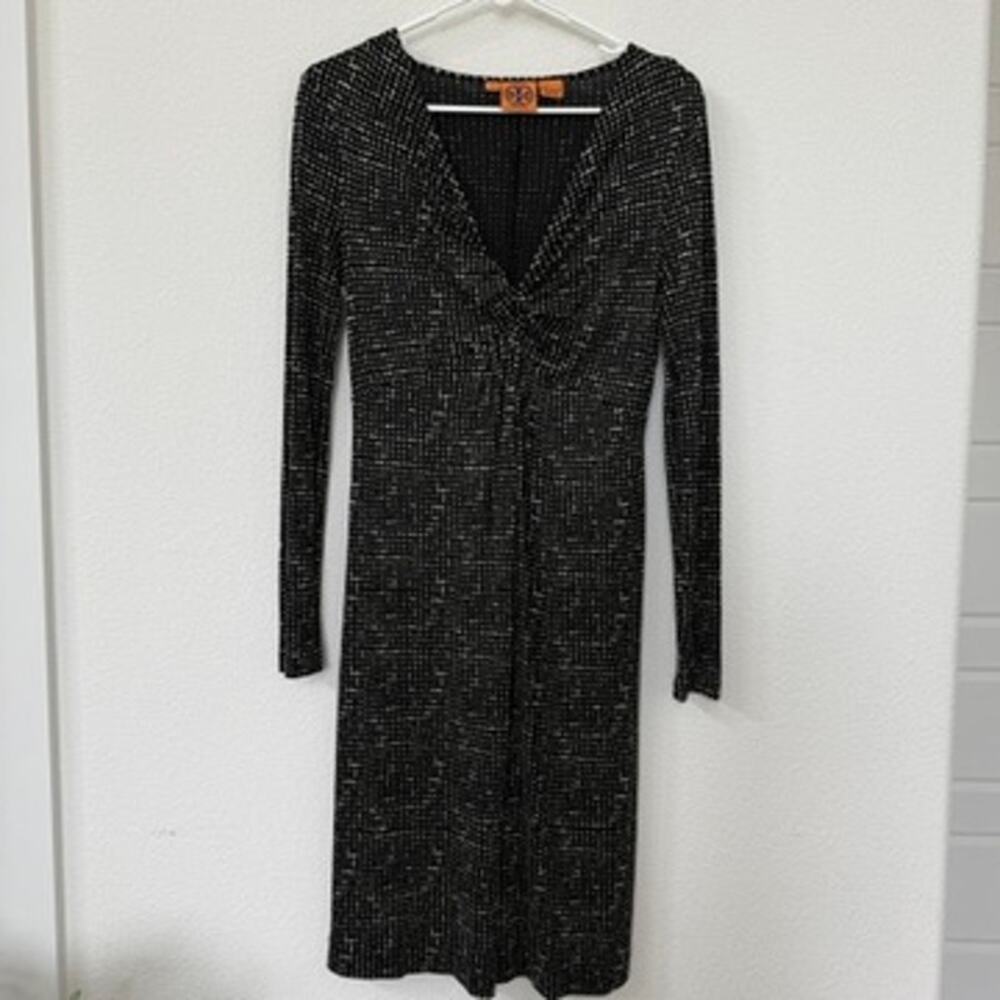 TORY BURCH Silk Knit Midi Dress Black‎ Ivory Dot Print Long Sleeve 100% Silk S